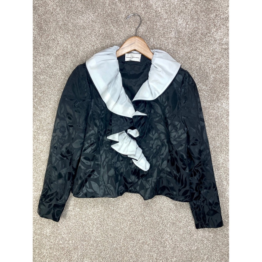 Arthur Doucette Floral Jacquard Ruffle Collar Jacket Womens M Black White Formal